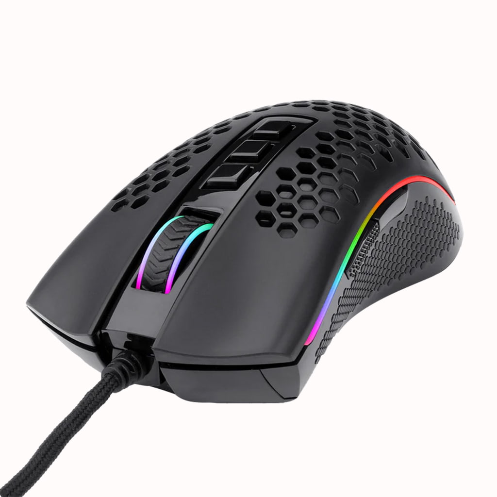 Redragon Storm M808 Black gaming mouse from a top angle, showing the honeycomb shell, RGB lighting, and connected braided cable