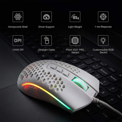 Redragon Storm M808 White displaying icons & text for features like Honeycomb Shell, 85g Light Weight, 1ms Response, 12400 DPI & Customizable RGB