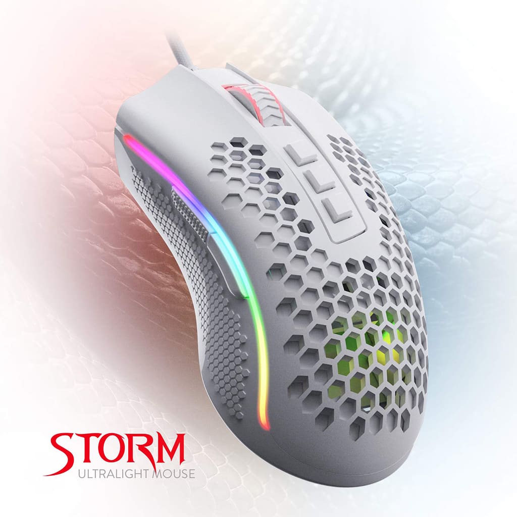 White Redragon Storm M808 gaming mouse from the front, showing the ultralight honeycomb shell and vibrant RGB lighting