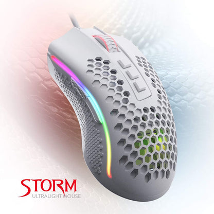 White Redragon Storm M808 gaming mouse from the front, showing the ultralight honeycomb shell and vibrant RGB lighting
