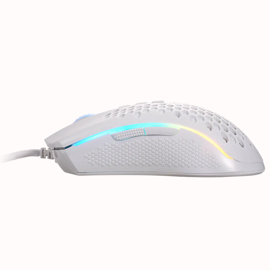 White Redragon Storm M808 gaming mouse from the side, showing the honeycomb shell, RGB side lighting, and cable