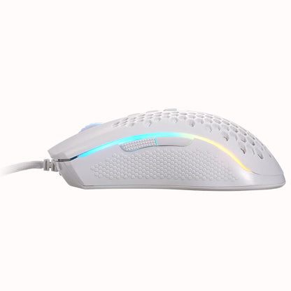 White Redragon Storm M808 gaming mouse from the side, showing the honeycomb shell, RGB side lighting, and cable