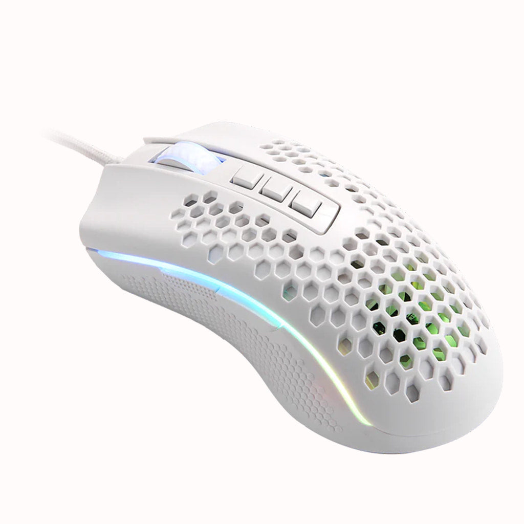 White Redragon Storm M808 gaming mouse from a top angle, showing the honeycomb shell and RGB lighting