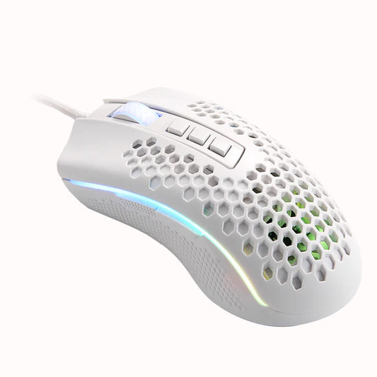 White Redragon Storm M808 gaming mouse from a top angle, showing the honeycomb shell and RGB lighting
