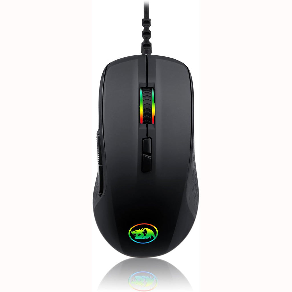 Front view of the Redragon Stormrage M718 Black Gaming Mouse, featuring an ergonomic design, a multi-color RGB illuminated scroll wheel and logo