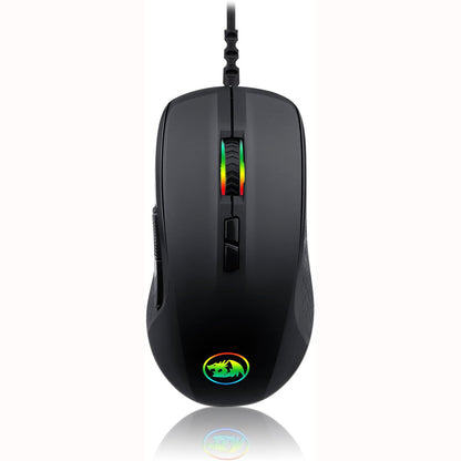 Front view of the Redragon Stormrage M718 Black Gaming Mouse, featuring an ergonomic design, a multi-color RGB illuminated scroll wheel and logo