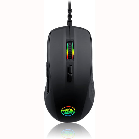 Front view of the Redragon Stormrage M718 Black Gaming Mouse, featuring an ergonomic design, a multi-color RGB illuminated scroll wheel and logo