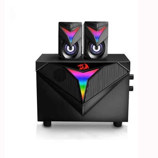 Redragon Toccata GS700 2.1 Stereo Gaming Speakers with subwoofer and two satellite speakers, featuring vibrant RGB lighting