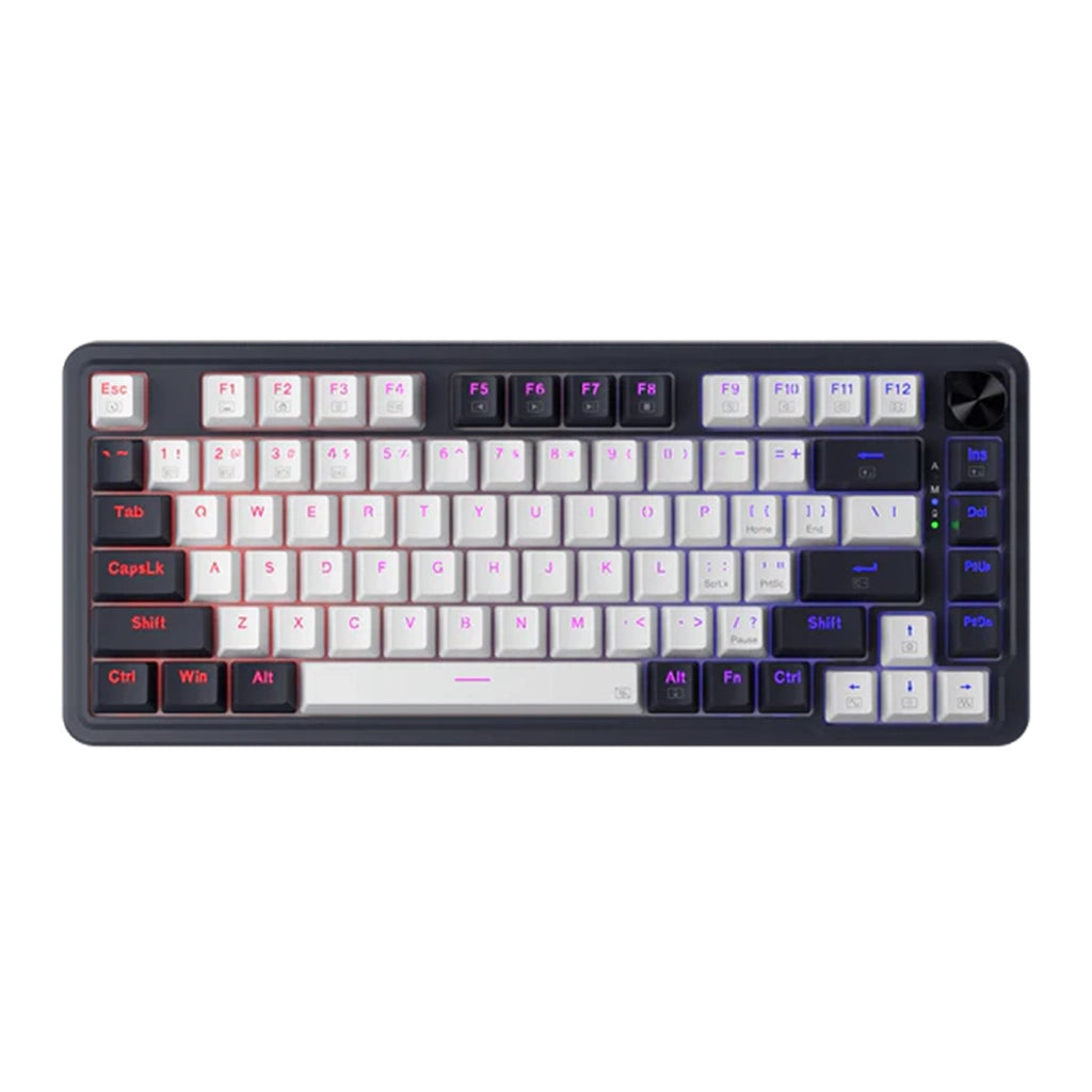 Mechanical keyboard with white keys on a black frame against a white background
