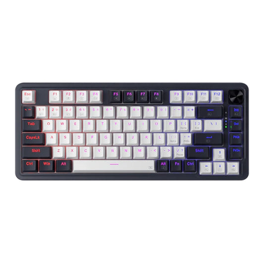 Mechanical keyboard with white keys on a black frame against a white background
