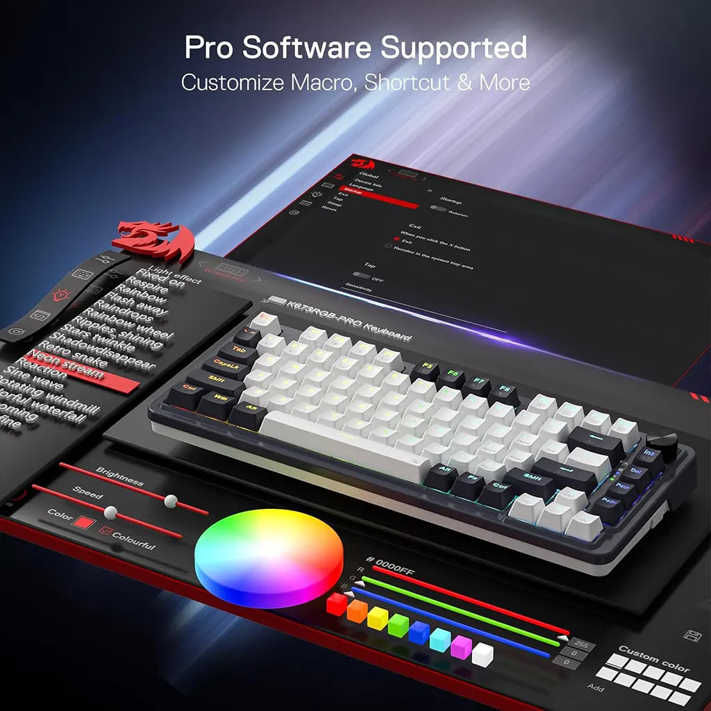 Mechanical keyboard with customizable software interface on a dark background