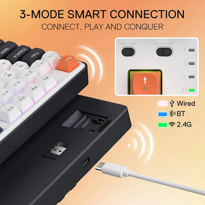 Keyboard with USB cable and 3-mode smart connection features on an orange background