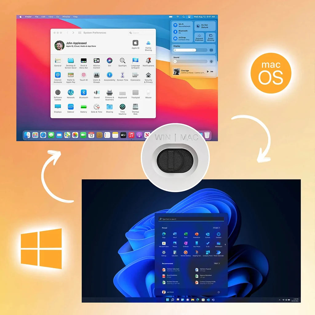 Comparison of macOS and Windows operating systems on a computer screen with icons and interface elements.