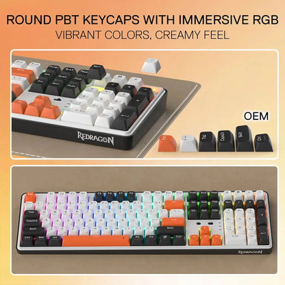 Redragon keyboard with round PBT keycaps and immersive RGB lighting on a beige background.