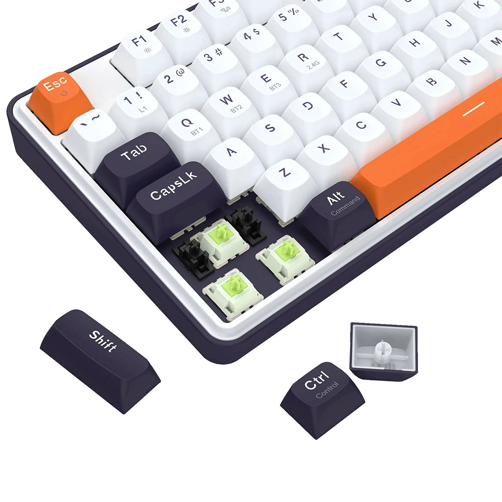 Keyboard with white keys and orange escape key on a white background