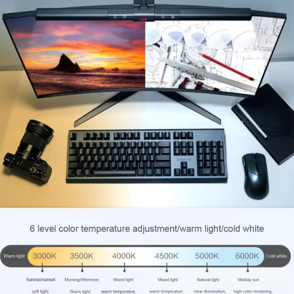 A camera, keyboard, and redragon gml 113 mouse sit on the desk. Below, chart shows six color temperature levels from warm (3000K) to cold white (6500K).