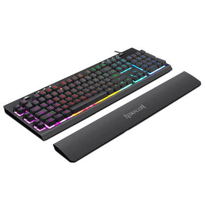 Redragon K512 Shiva RGB membrane gaming keyboard (black) with detachable ergonomic wrist rest, showcasing the vibrant rainbow backlighting