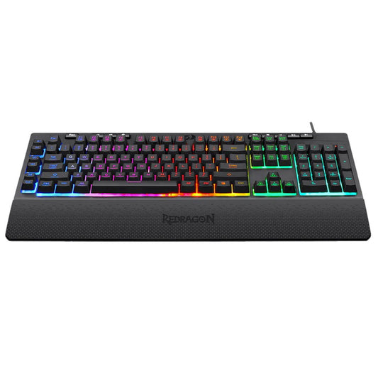 Redragon K512 Shiva RGB membrane gaming keyboard in black with a full layout, illuminated keys, and ergonomic wrist rest.