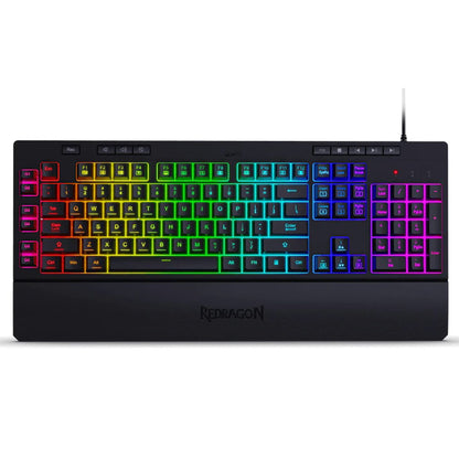 Redragon K512 Shiva RGB membrane gaming keyboard (black, full-size) with vibrant rainbow backlighting across all keys.