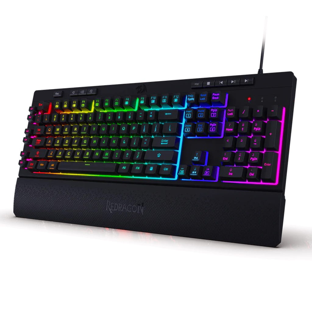 Redragon K512 Shiva RGB membrane gaming keyboard in black, shown from the right side with full layout and attached ergonomic wrist rest.