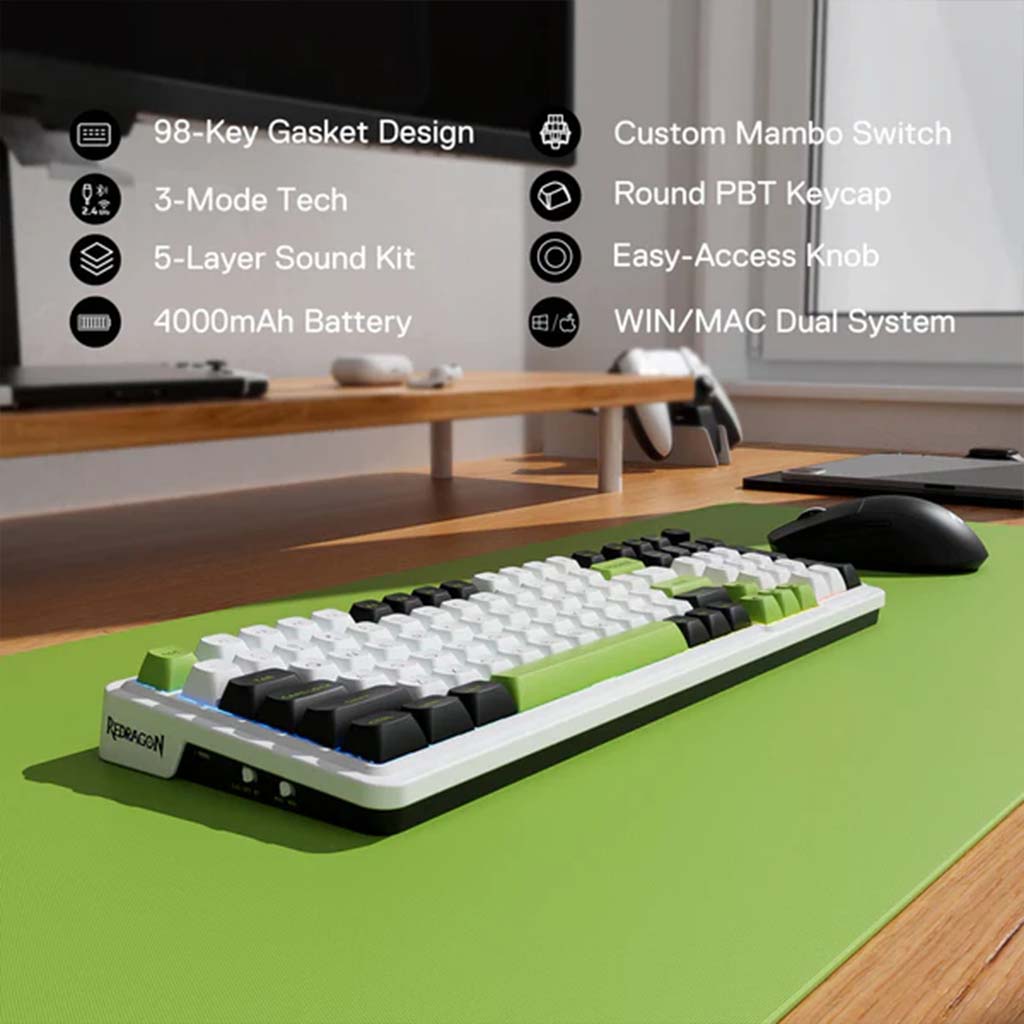 Mechanical keyboard with features listed on a desk setup