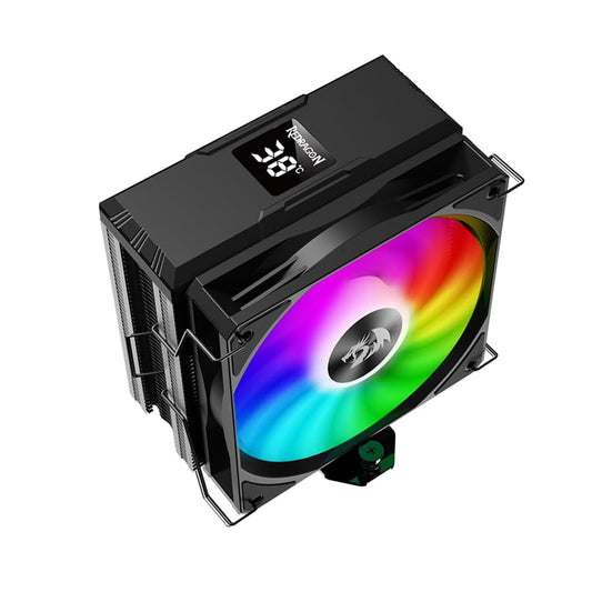 A black cc-1013 CPU cooler featuring RGB fan lighting, sleek metal heat pipes, and a digital temperature display on top