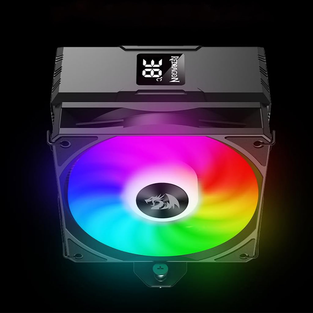 A redragon cc-1013 CPU cooler featuring RGB fan lighting and a digital temperature display on top.