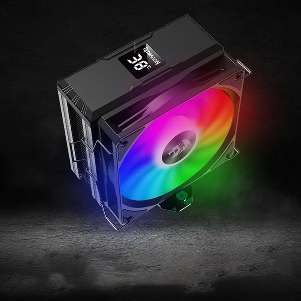 A Redragon CC-1013 RGB CPU cooler with sleek metal heat pipes, a digital temperature display on top on a black background