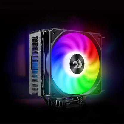 A redragon cc-1013 fan with vibrant RGB colors ranging from red to green radiates a soft light. 
