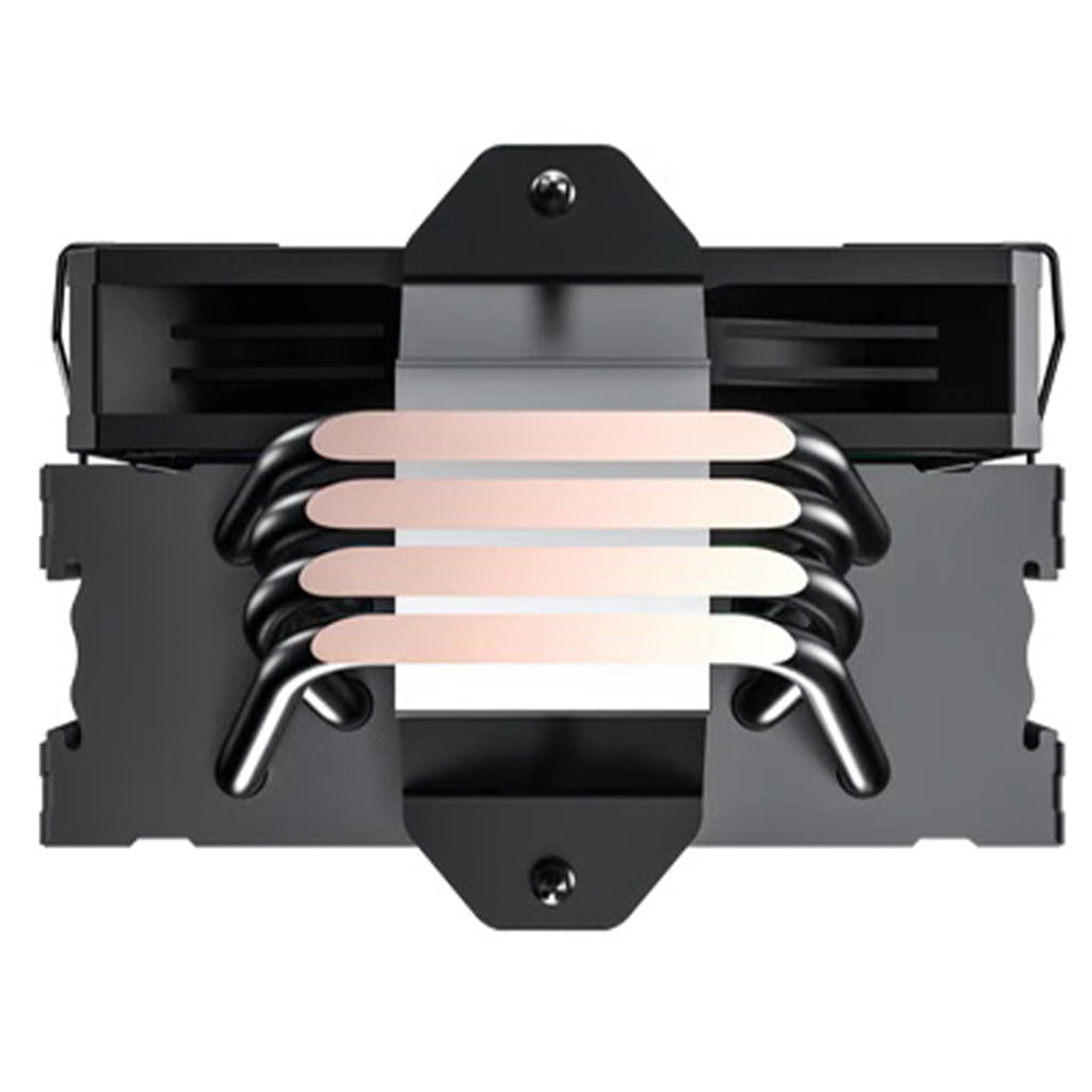 A top-down view of a Redragon CC1013 black computer CPU cooler with five copper heat pipes curving around a central metal plate