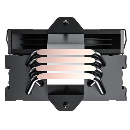 A top-down view of a Redragon CC1013 black computer CPU cooler with five copper heat pipes curving around a central metal plate