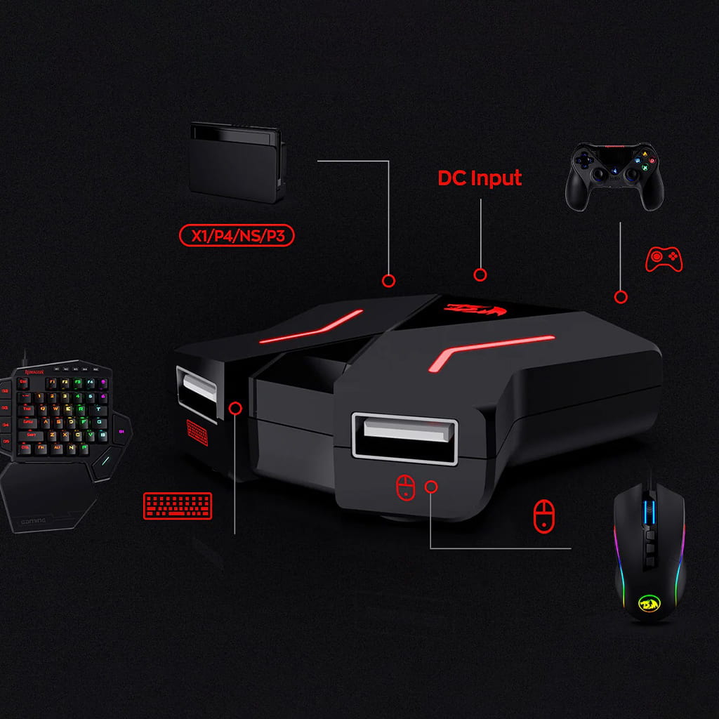 GA200 adapter shown in the center, connected to a keyboard, mouse, console, and game controller, shows device compatibility.
