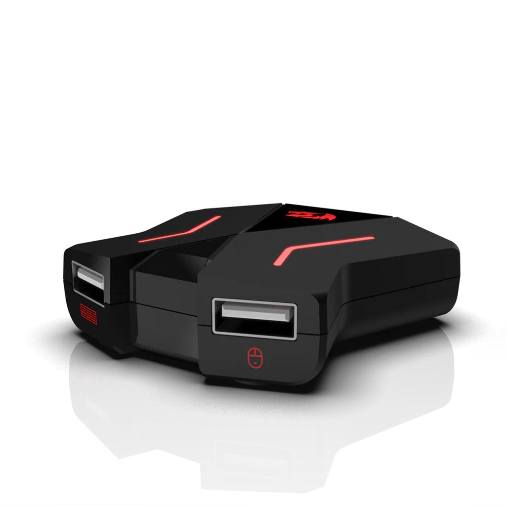 A sleek, black ga200 adapter with red accents and multiple USB ports is shown against a white background