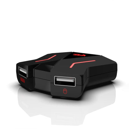 A sleek, black ga200 adapter with red accents and multiple USB ports is shown against a white background