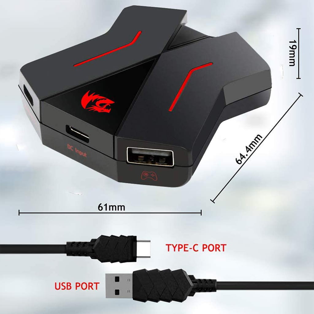 black ga200 adapter with red accents and redragon logo. It features USB and Type-C ports, with dimensions 61mm by 64.4mm by 19mm.