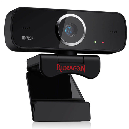 black Redragon GW 600 Fobos webcam with "HD 720P" on the left side, a central lens, and clip-on base for monitor.