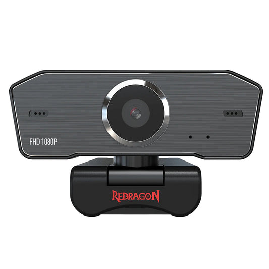 A Redragon GW 800 FHD 1080P webcam with a central lens and built-in microphones, mounted on a black adjustable base