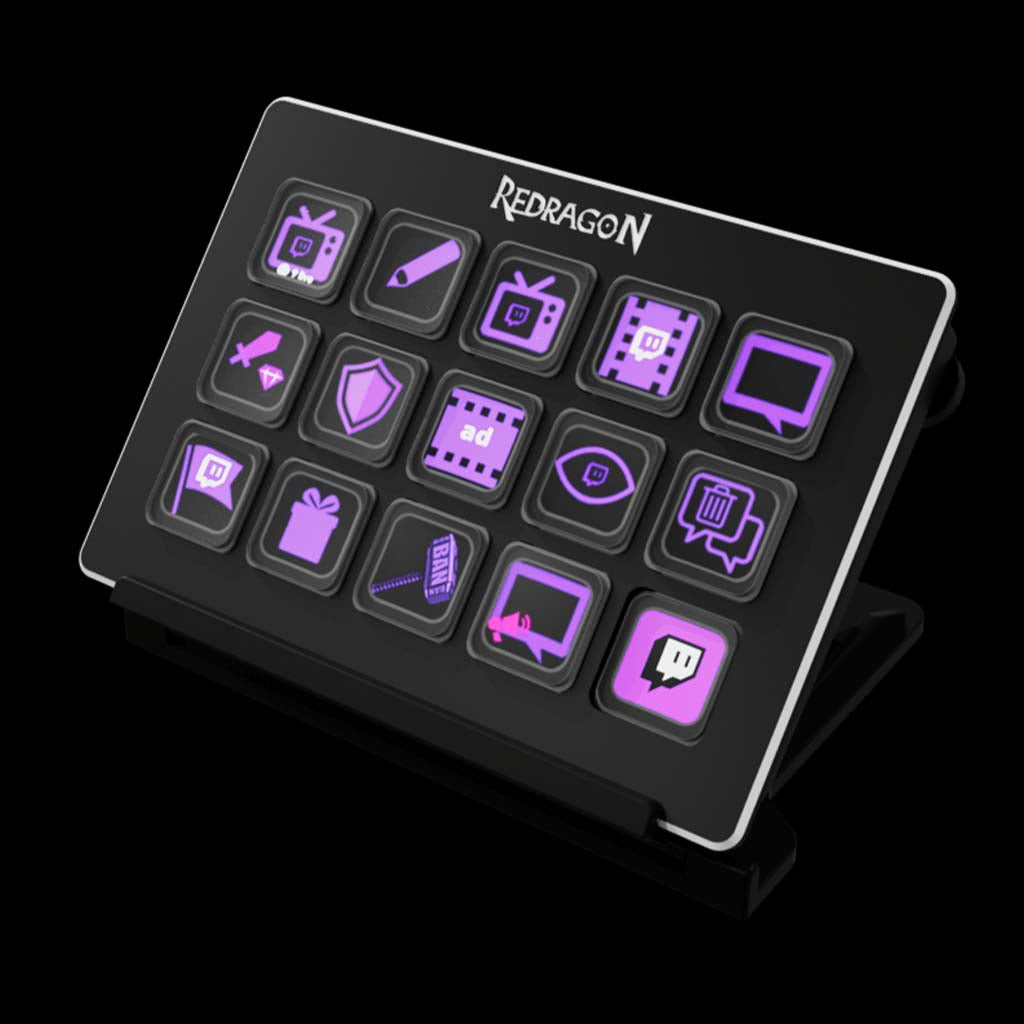 A Redragon SS-550 customizable streaming control pad with 15 purple-lit buttons, each displaying a unique icon, set against a sleek black background.