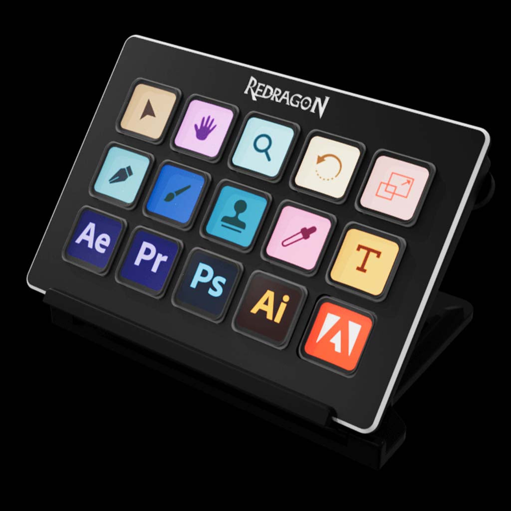 Redragon SS 550 customizable features 15 keys including tools  Photoshop, Illustrator, Premiere Pro, and After Effects, all set against a sleek black background.