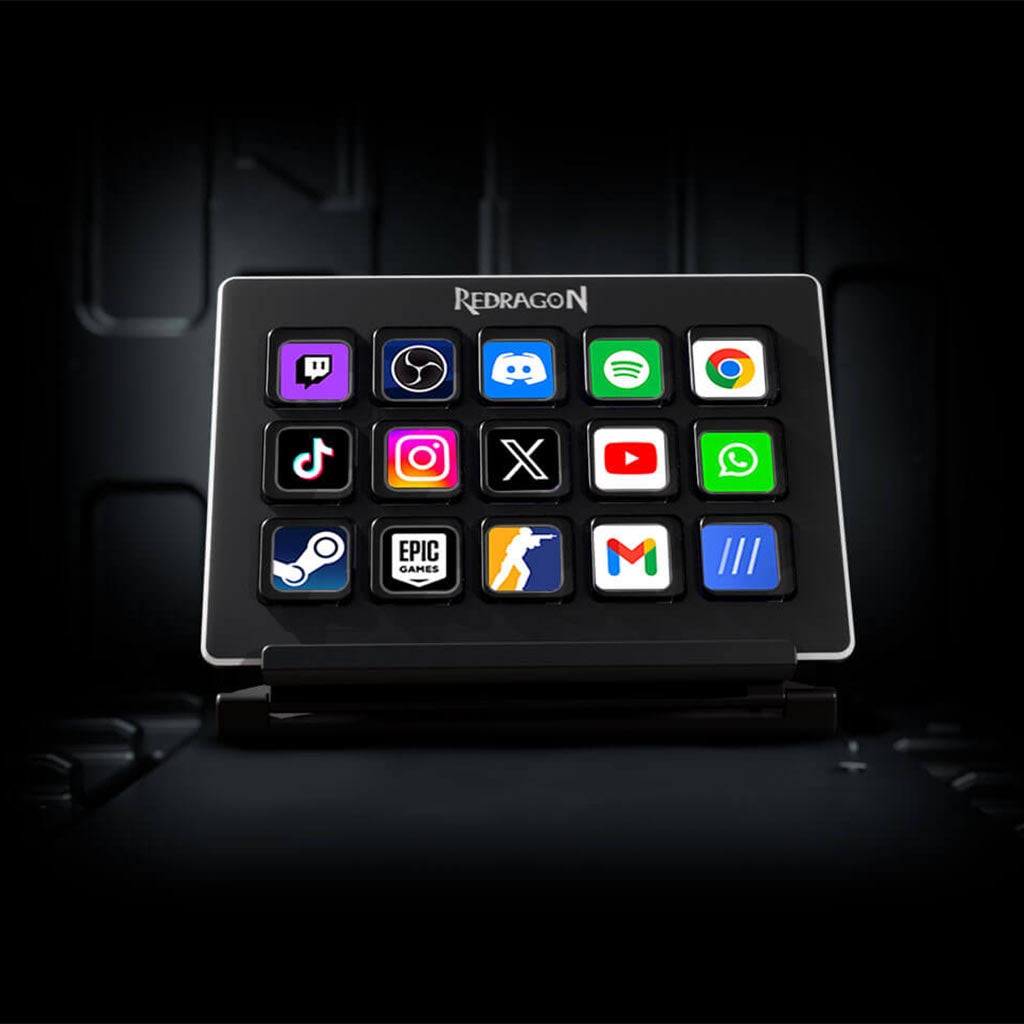 A Redragon SS-550 Smartcraft customizable keypad with 15 buttons, each displaying icons of various popular apps, on a dark background.