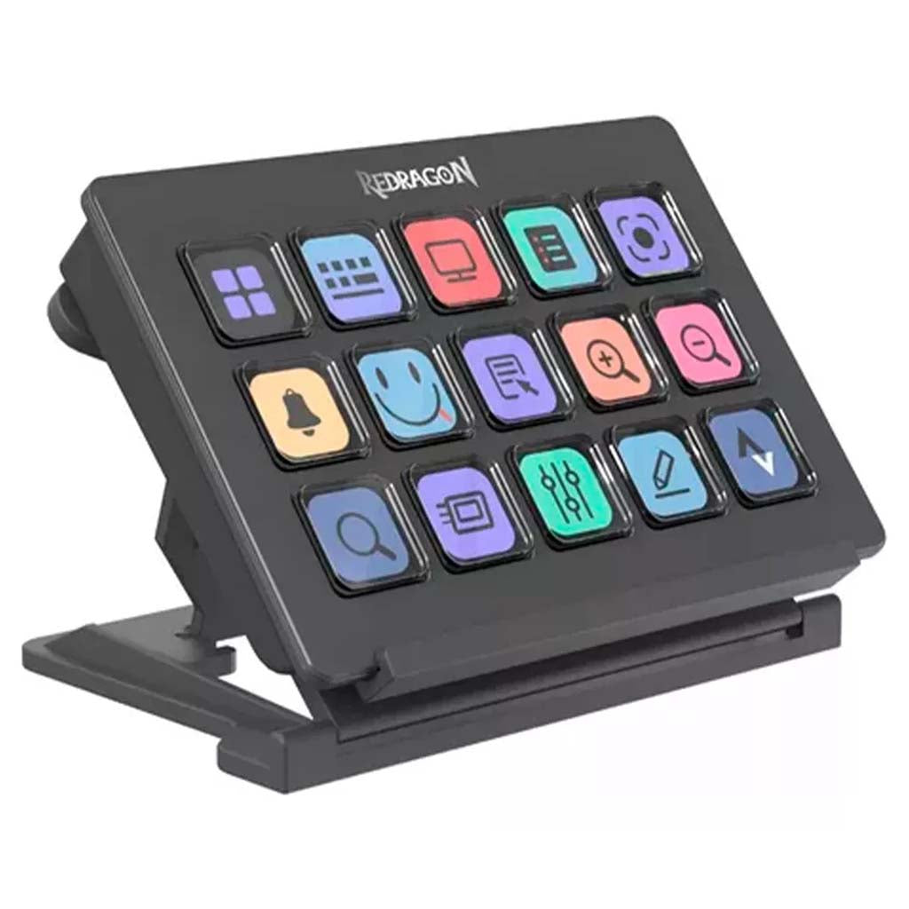 A black Redragon keypad 15 buttons with colorful icons, including bell, smiley face, and magnifying glass. 