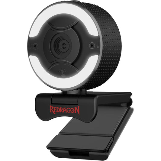 A black Redragon GW910 webcam with a built-in circular LED light is mounted on a foldable stand