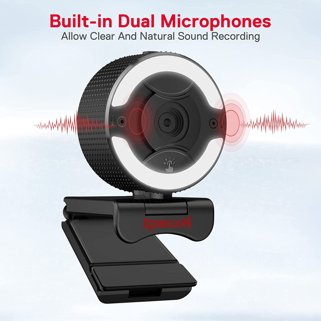 Redragon GW910 webcam features a built-in ring light and dual microphones, illustrated with red sound waves. and Mic Allow Clear & Natural Sound.