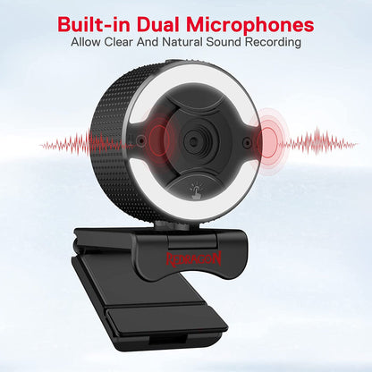 Redragon GW910 webcam features a built-in ring light and dual microphones, illustrated with red sound waves. and Mic Allow Clear & Natural Sound.